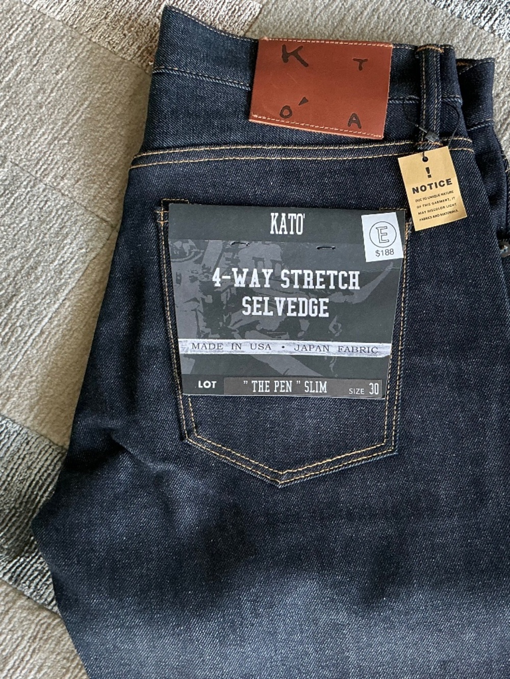 Kato Men’s’ Blue Denim Jeans, Brand New! Slim, Size 30 Waist, 33.5 inch inseam